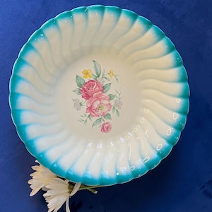 Vintage Homer Laughlin Teal Rim Rose China Serving Bowl | 1950s Dining and Serving Ware