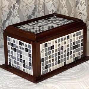 Vintage Midcentury Mosaic Tile Wooden Box with Lid