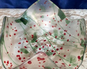 Cuenco decorativo para pañuelos de vidrio fusionado verde y rojo vintage de 23 cm (9 pulgadas)