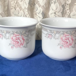 Könnte beinhalten: Zwei weiße Keramik-Blumentöpfe mit floralem Design. Jeder Topf hat eine rosa Rose und graues Laub auf weißem Hintergrund. Die Töpfe haben eine abgerundete Form und einen breiten Rand. Sie stehen auf einer blauen Oberfläche.