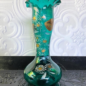 Vintage Green Ruffled Edge Green Glass Vase with Hand Painted Gold and White Details