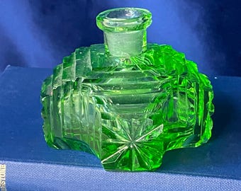 Antique Art Deco Geometric Design Czeck Green Glass Perfume Bottle Vanity Decor
