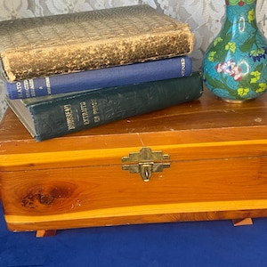 Può includere: Un baule in legno con chiusura in ottone contiene tre libri antichi e un vaso decorativo. I libri sono rilegati in vari colori, tra cui oro, blu e verde. Il vaso è color verde acqua con disegni floreali.