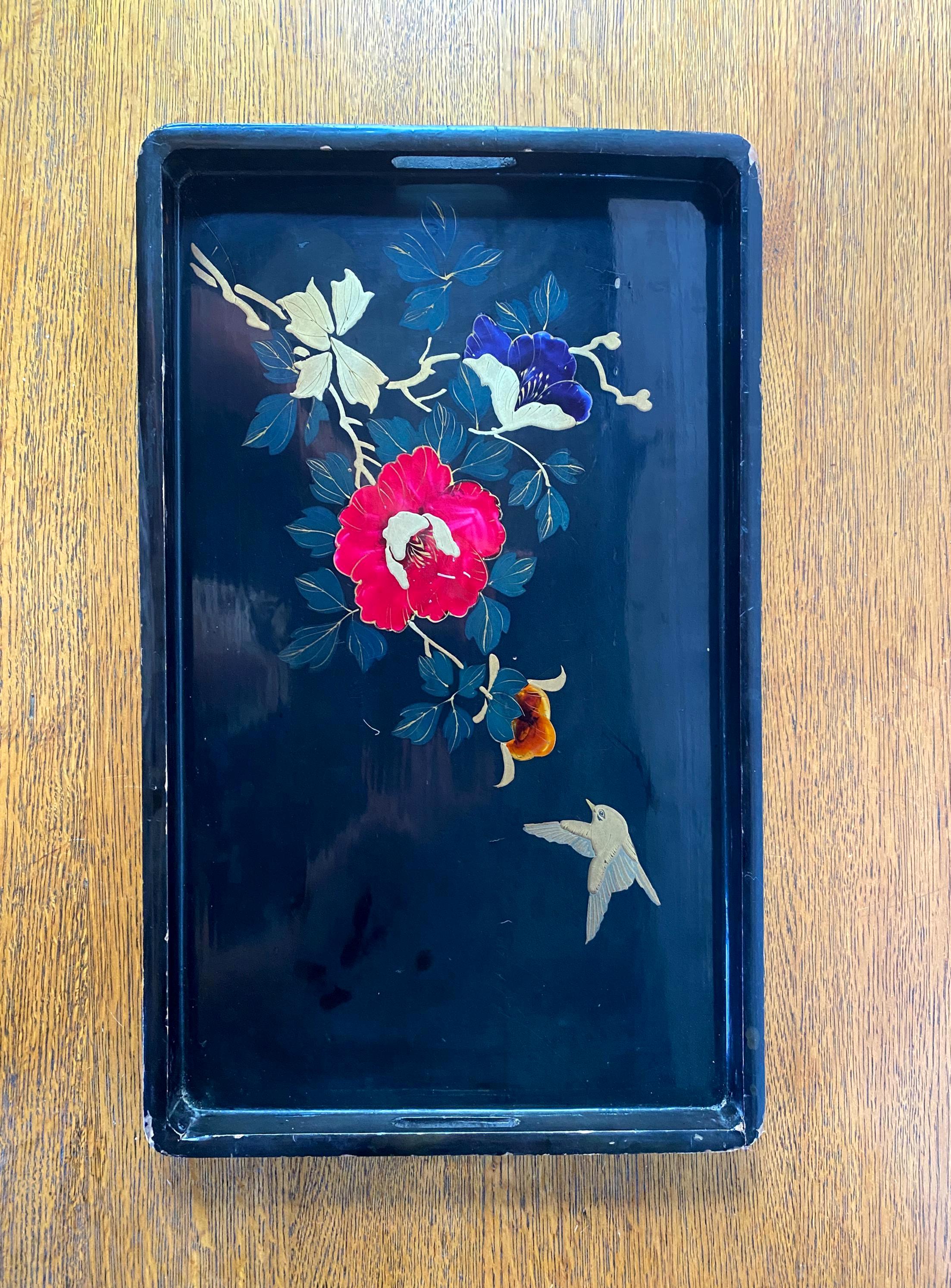 Vintage Black Lacquer Red and Gold Floral Tray