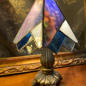 Vintage Blue and Pink Stained and Beveled Glass Desk or Table Lamp