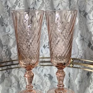 Vintage Rosaline Pink Swirled Glass Champagne Flutes - Set of 2