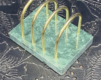 Organizador de mesa para cartas em mármore verde vintage e latão | Decoração para casa e escritório