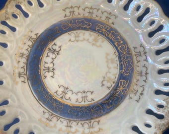 Vintage White and Purple Luster China Decorative Lattice Edge Gilt Plate Saucer