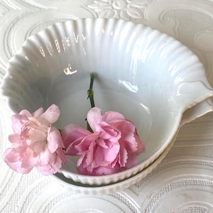 May include: A white, shell-shaped ceramic bowl with a scalloped rim, holding two pink carnations. The bowl is sitting on a white, textured surface. The bowl has a decorative, ridged design.