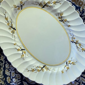 Vintage 14.5&quot; Oval Yellow Cherry Blossom China Serving Platter, Myott Olde Chelsea Ming 6171 Staffordshire Cherry Blossom Pattern