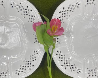 Two Vintage Italian White Ceramic Reticulated Lace Edge Dinner Plate Serving Platters | European Dining and Serving Ware
