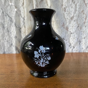 Large 10&quot; Black Glass Vintage Vase with White and Gold Iris Flowers and Butterflies
