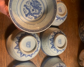 Six Vintage Rice Eyes Chinese Dragon Bowls