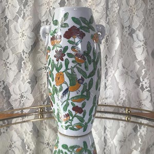 Vintage Chinoiserie Ceramic Vase: Floral Bird Design, Decorative Handles