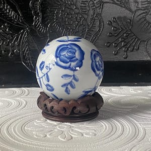 Vintage Chinoiserie Carpet Ball: Floral Butterflies, Wood Stand