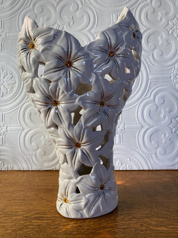 Large Lenox Style Pierced Porcelain White Flower Vase With Orange