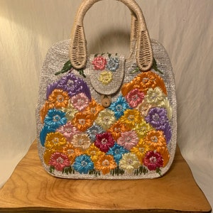 Vintage MCM Raffia Straw Flower Woven Bag