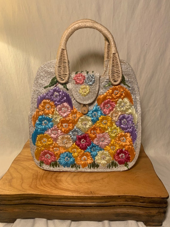 Vintage MCM Raffia Straw Flower Woven Bag