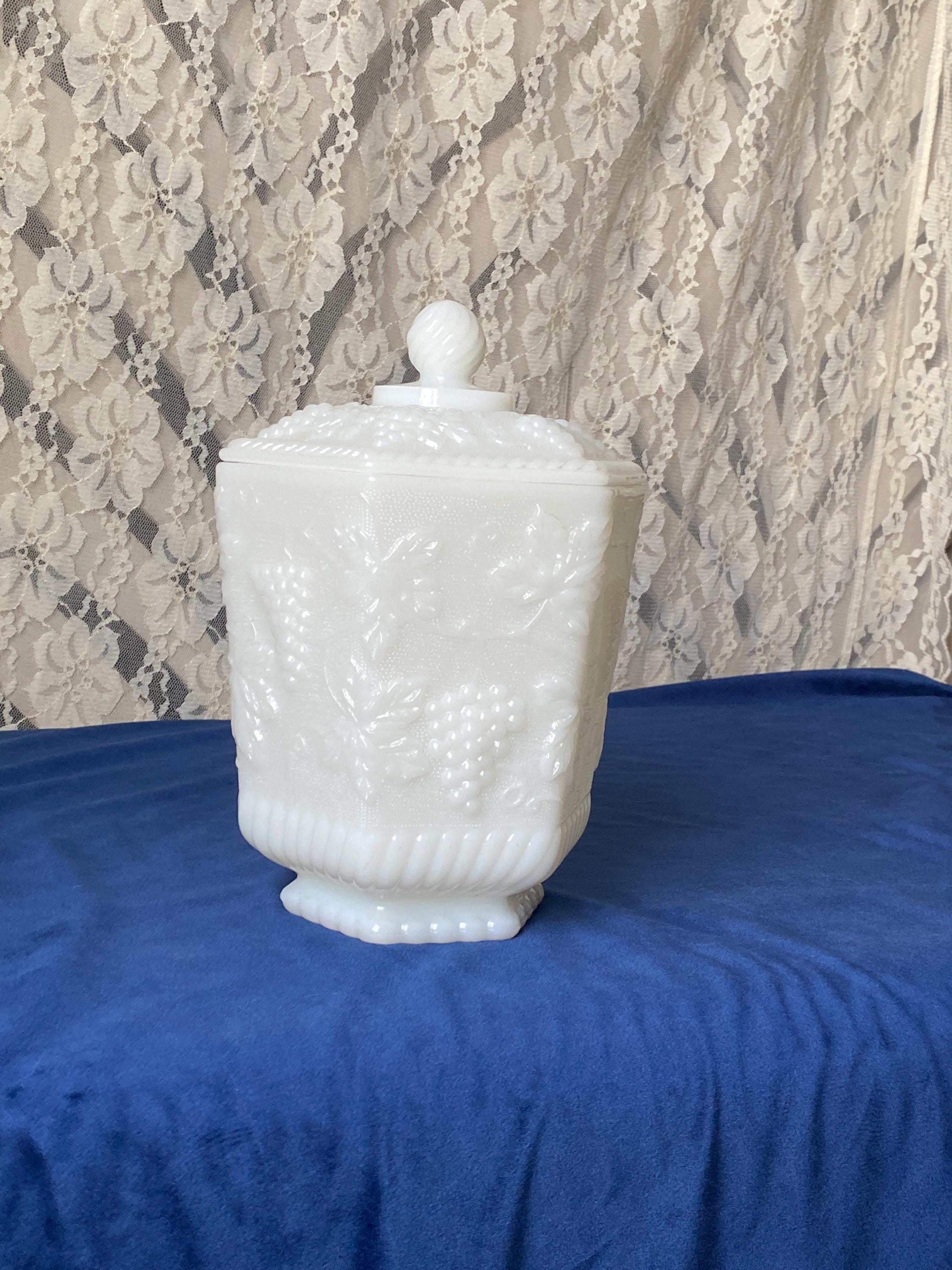 Vintage Anchor Hocking Fire King Milk Glass Grape Hexagonal Jar