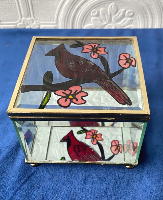 Vintage Stained Glass Style Mirrored Jewelry Box with Cardinal Bird