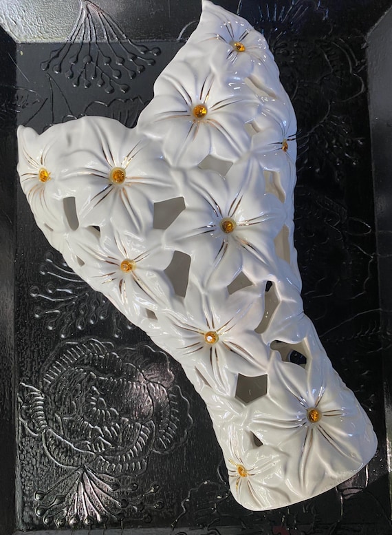 Large Lenox Style Pierced Porcelain White Flower Vase With Orange