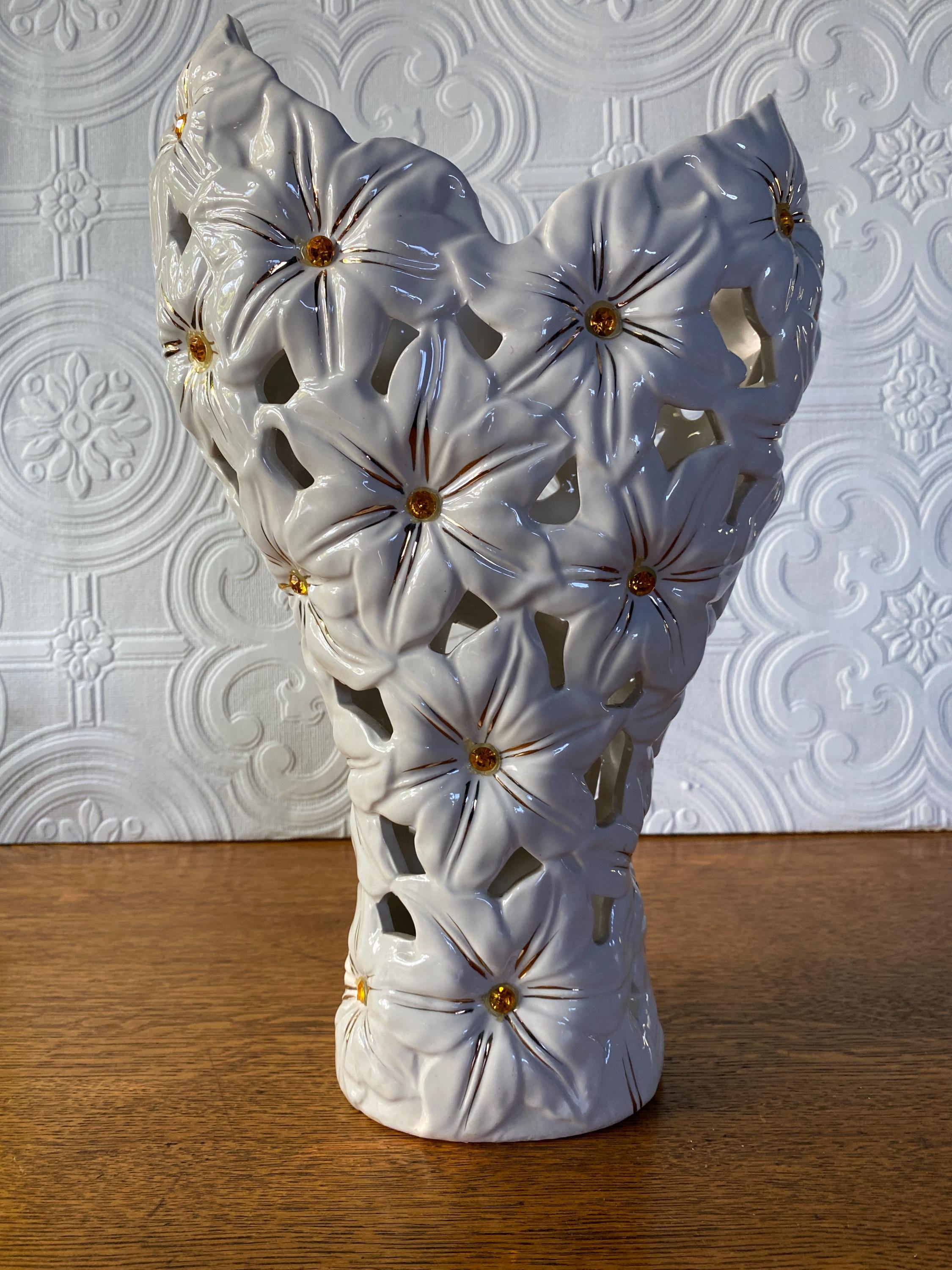 Large Lenox Style Pierced Porcelain White Flower Vase With Orange