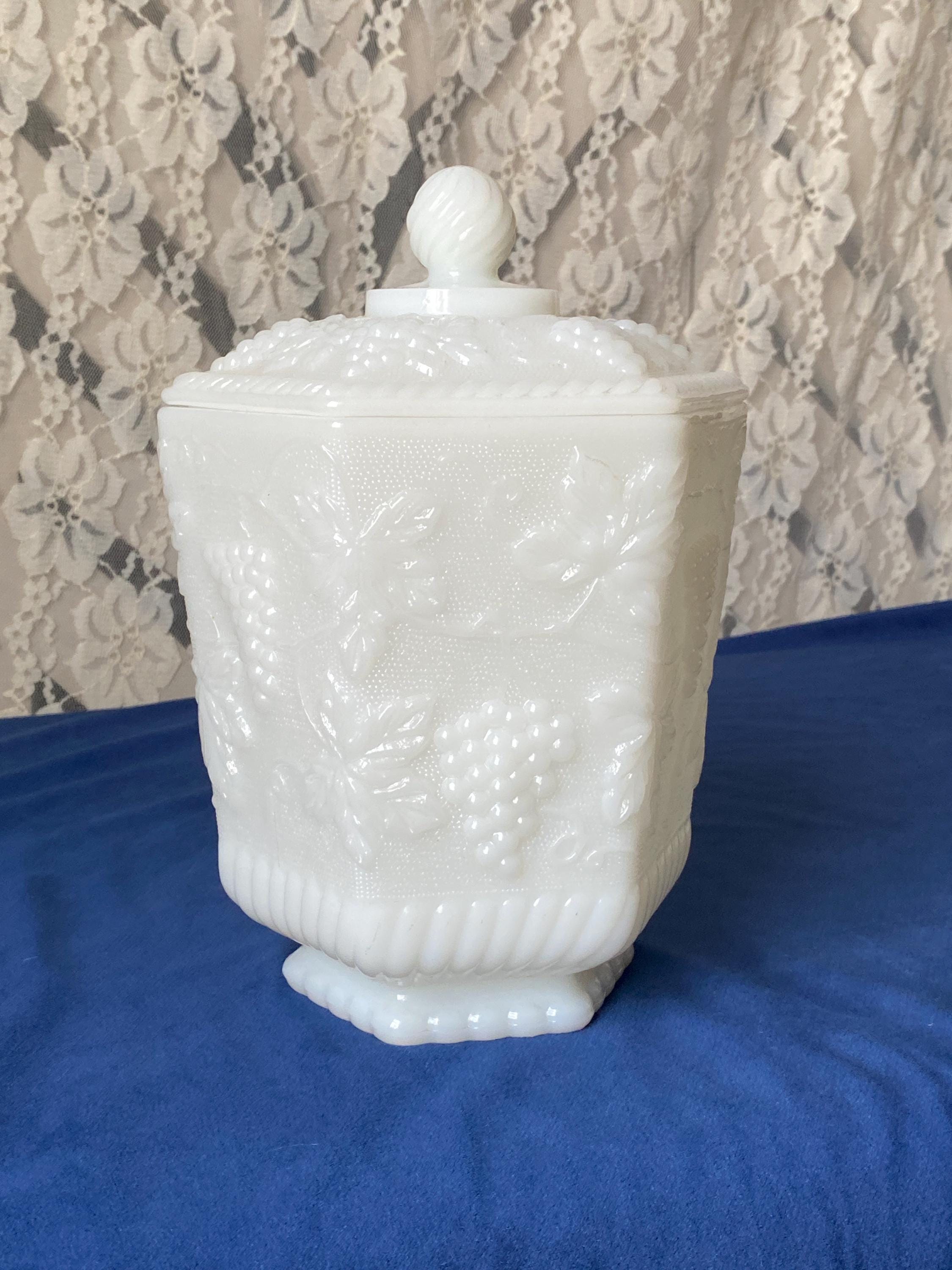 Vintage Anchor Hocking Fire King Milk Glass Grape Hexagonal Jar