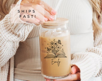 Personalized Book Lover Cute Book Gift Glass Cup with Lid  Gift Iced Coffee Cup Custom reading Teacher  Glass Cup Trendy Glass Tumbler