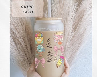 Coquette Teacher Iced Coffee Cup Teacher Appreciation Gift Back To School Team Teacher Tumbler Gift Bulk 2024 Aesthetic Coffee Cup Cute Bow