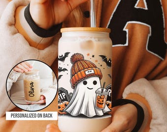 Personalized Halloween Ghost Glass Tumbler, Spooky Season Iced Coffee Glass, Gift for Halloween, Cute Ghost Coffee Cup