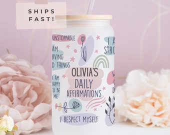 Custom Name Boho Daily Reminders and Affirmation Iced Coffee Cup Glass Tumbler Mental Health Tumbler Motivation Can Glass Cup 16oz