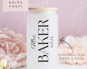 Wedding Frosted Glass Personalized, Mrs. Tumbler, Iced Coffee Cup, Soon to be Bride, Just Married, Wedding Glass Tumbler, Wedding Gift