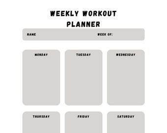 May include: A printable weekly workout planner with a gray background and black text. The planner includes spaces for each day of the week, Monday through Sunday. The planner also includes spaces for the name and week of.