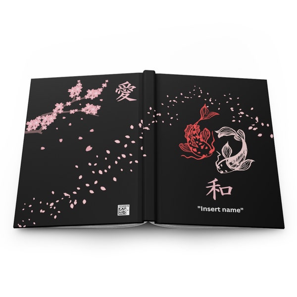 Carnet cartonné personnalisé Sakura Harmony : poissons koi Yin Yang et fleurs japonaises