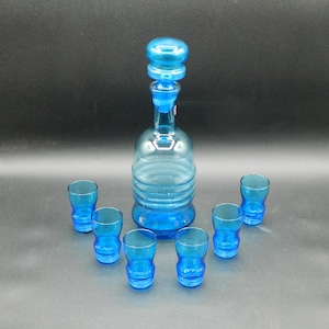 Empoli MCM Handblown Glass Decanter with 6 Glasses, Made in Italy