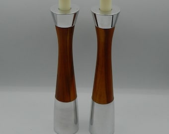 Steve Cozzolino for Nambe Pair of Wood and Aluminum Candleholders 11"H