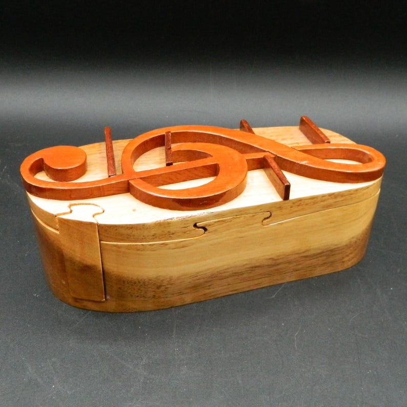 Music Notes Box Design Treble Clef Music Note Handcrafted Carved Wood Puzzle Jewelry Trinket ...