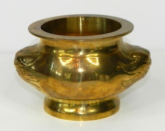 Chinese Brass Incense Burner Treasure Bowl- Lion Foo Dog Handles- Vintage