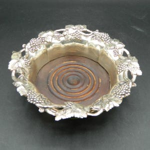 Wine Coaster Grape and Leavers Silverplate with Turned Wood Base