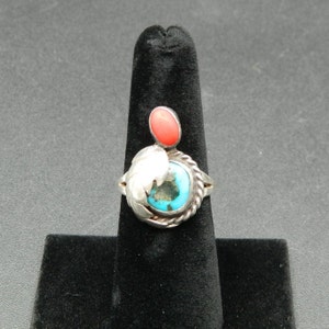 Southwest Style SS925 Coral and Turquoise Ring Size 6.75, signed LM