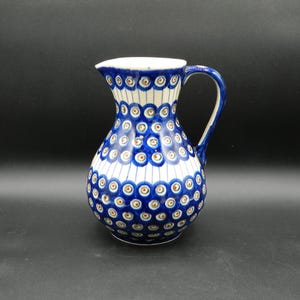 Polish Pottery Boleslawiec Blue and White Peacock Pitcher, 9&quot;H