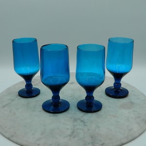Teal Blue Handblown Glass Goblets Set of 4 5.5&quot;H