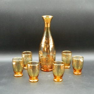 Laguna Murano Venezia Amber Gold Decanter Set with 6 glasses, made in Italy