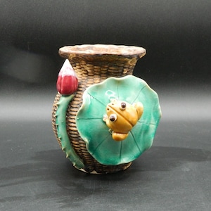 Majolica Style Frog on Lily Pad with Lotus Blossom Planter or Vase 5&quot;H