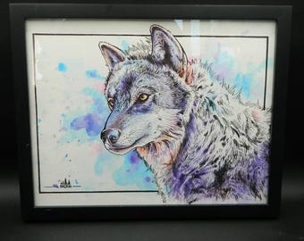 Wolf Pen & Ink Illustration and Watercolor, signed