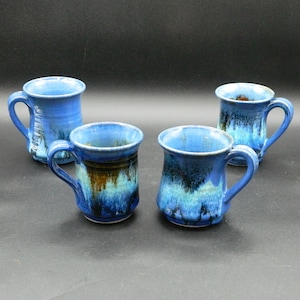 Mug Set of 4 for Coffee, Tea, Handmade with Blue Glaze