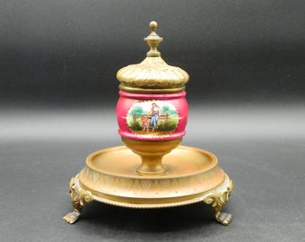 Antique Inkwell Porcelain and Brass French Design, ca. 1800's