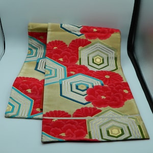 Japanese Obi Embroidered with Red Flowers and Hexagons on a Moire Pattern Gold Background