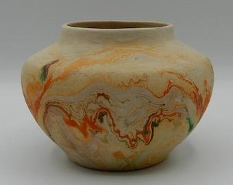 Nemadji Pottery Vase 4" USA Golden Orange Painted Marble Finish