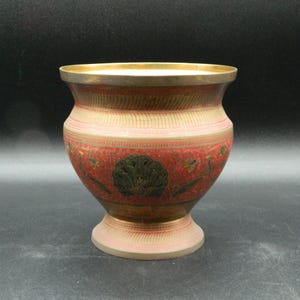 Decorative Solid Brass Planter or Vase with ornate peacock detail in red